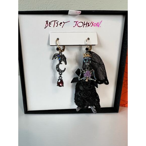 Betsey Johnson Dark Magic Mismatch Drop Earrings Skeleton Bride & Bat Moon - Picture 2 of 5